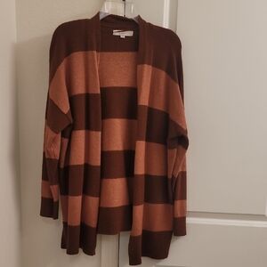 LOFT Women's Cardigan in Rich Brown and Tan Stripes